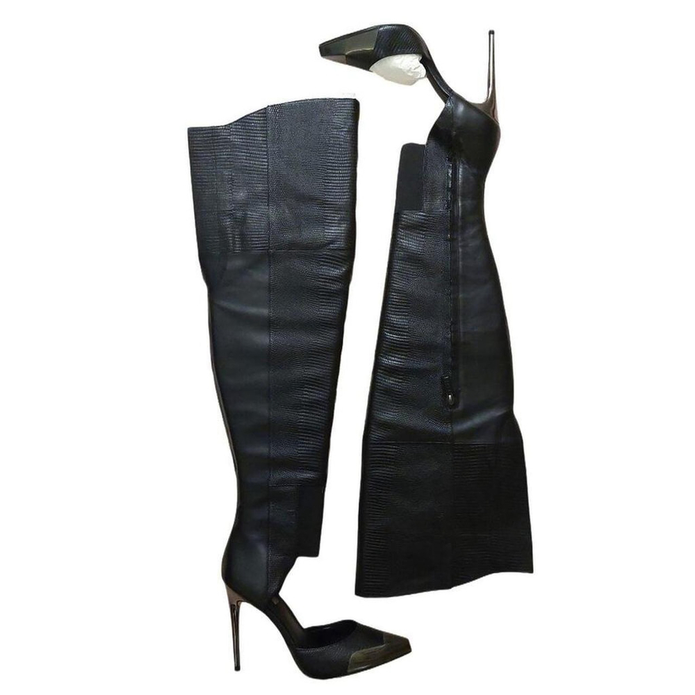 BCBGMAXAZARIA Over the Knee Black Leather Lizard Print Boots Sz 7.5
